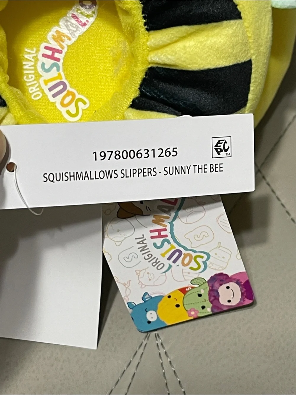 Squishmallows Yellow Bee Slippers with Mint Wings and Black Stripes